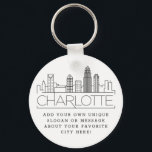 Llavero Charlotte, NC Stylized Skyline | Custom Slogan<br><div class="desc">A unique key chain representing the beautiful city of Charlotte,  NC.  
This keychain features a stylized illustration of the city's unique skyline with its name underneath.
Underneath the city name is a spot for your unique slogan or statement about your favorite city.</div>