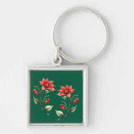 Llavero Chaveiro Natal verde e Flores Vermelhas