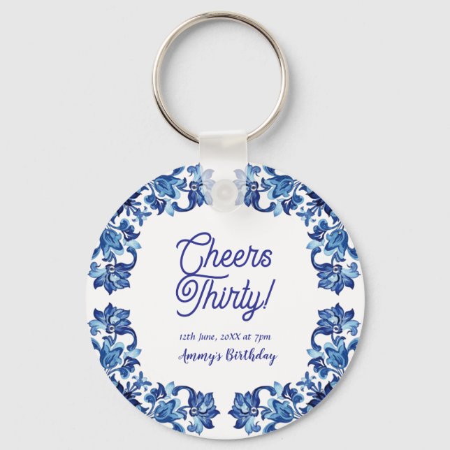 Llavero Cheers thirty birthday royal blue floral border na (Anverso)