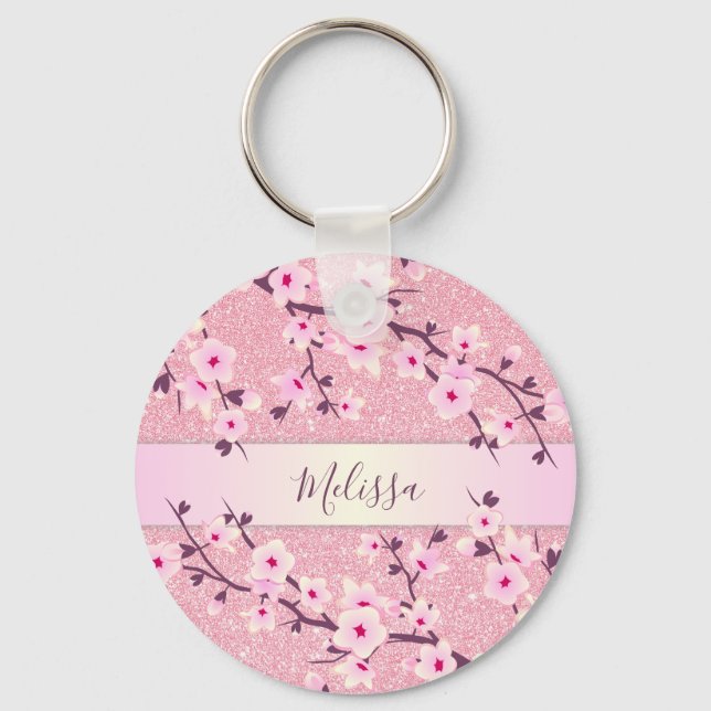 Llavero Cherry Blossoms Pink Glitter Add Name (Anverso)