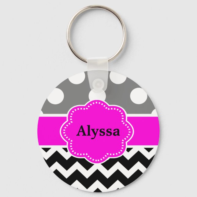 Llavero Chevron con puntos rosados negros personalizado (Anverso)