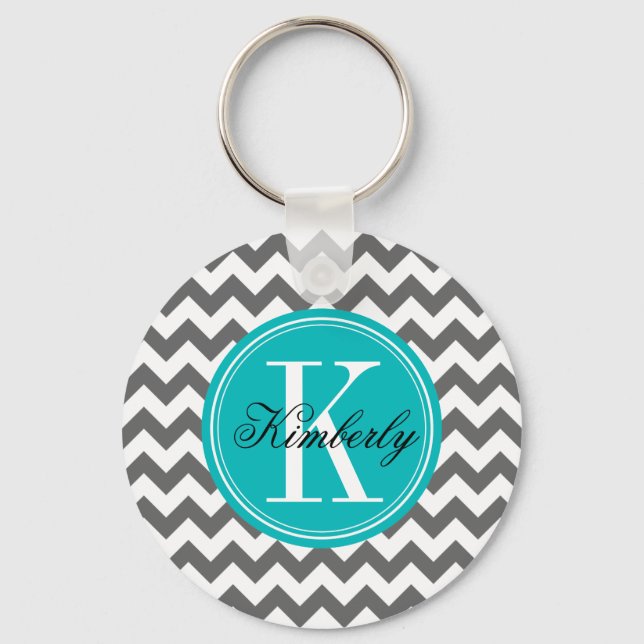Llavero Chevron gris con monograma Verde azulado (Anverso)