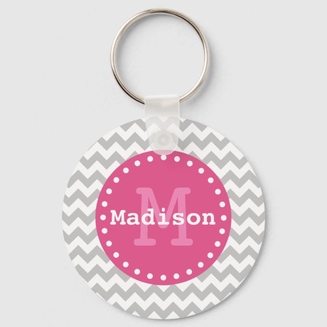 Llavero Chevron Gris White Pink Zigzag Monograma (Anverso)