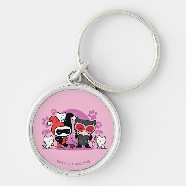 Llavero Chibi Harley Quinn & Chibi Catwoman Con Gatos (Frente)