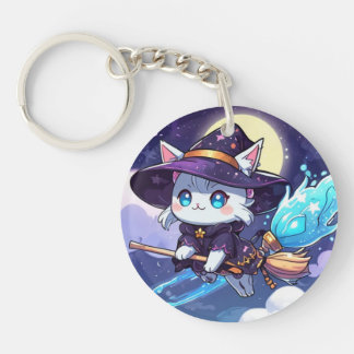 Llavero Chibi Witch Cat Flying in Starry Sky – Kawaii Magi
