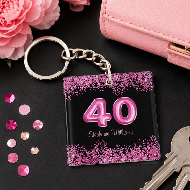 Llavero Chic Cumpleaños 40 Glitter Negro Rosa (Add name to customize.  Please see collection for matching items)
