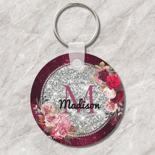 Llavero Chic falso monograma floral burgundy brillo platea