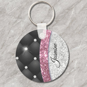 Llavero Chic femenino monograma falso de brillo plateado n