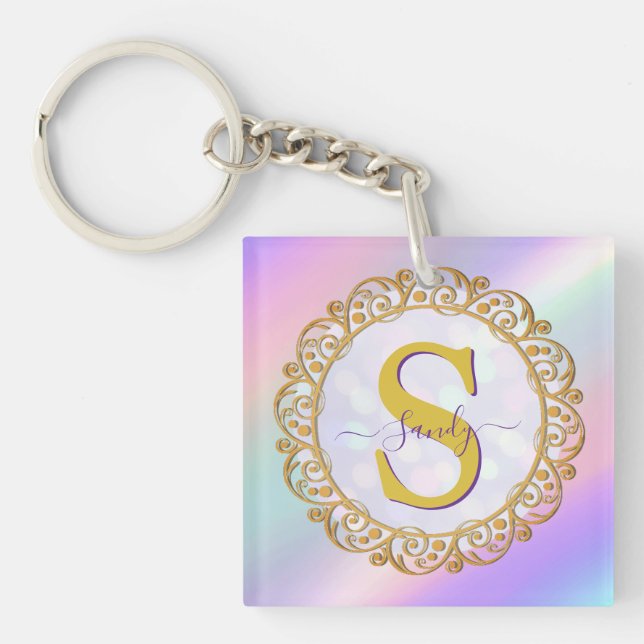 Llavero Chic Iridescent Initial With Gold Scrollwork (Frente)
