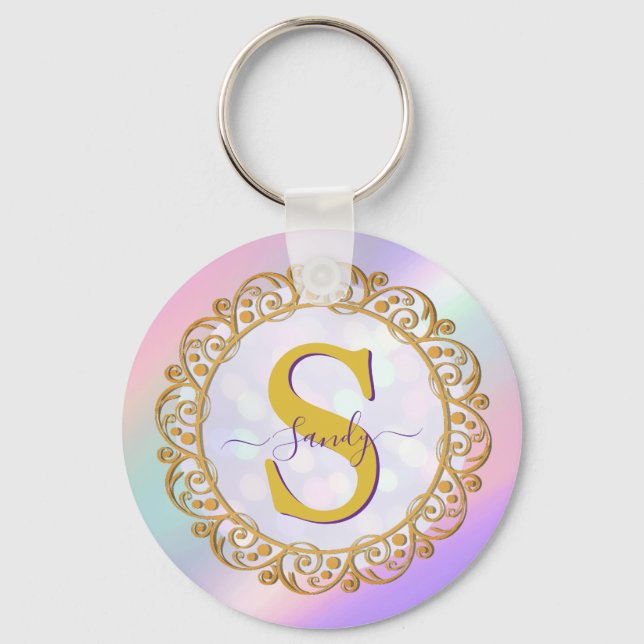 Llavero Chic Iridescent Initial With Gold Scrollwork (Anverso)