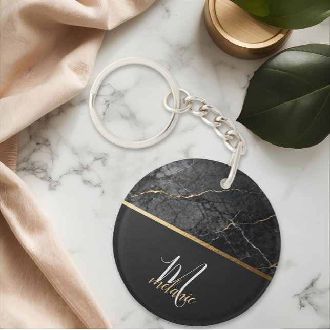 Llavero Chic modern Black grey marble gold monogram  (Subido por el creador)