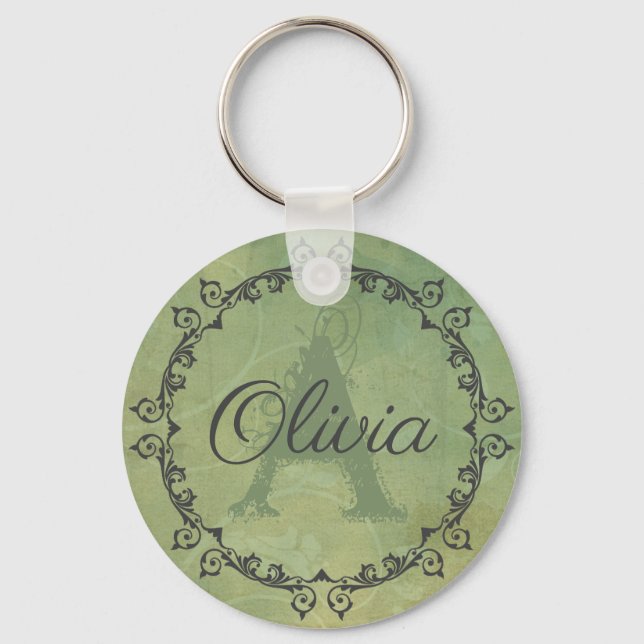 Llavero Chic Olive Green Monogram Personalized (Anverso)