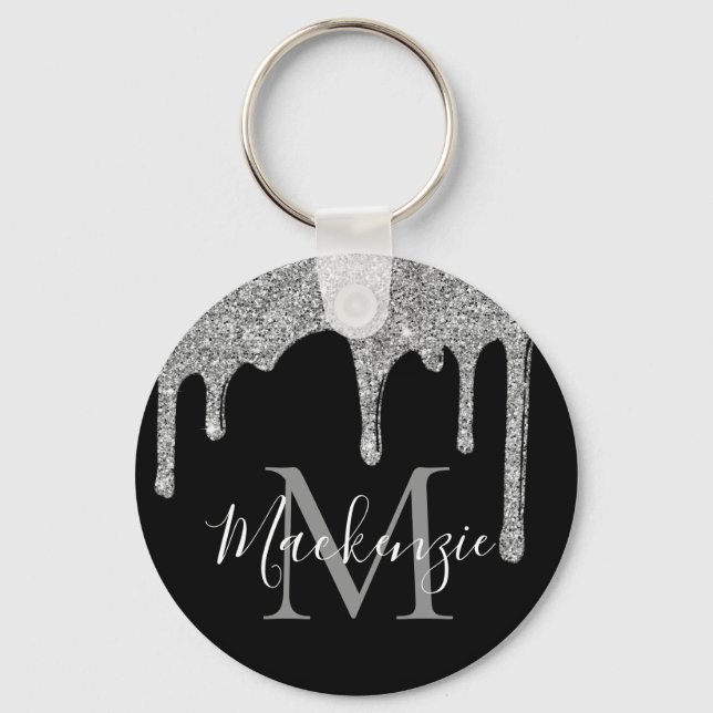 Llavero Chic Silver Glitter Drips Sparkle Monogram (Anverso)