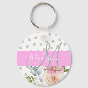 Llavero Chic y femenino monograma nombre Flor Blanca Rosa
