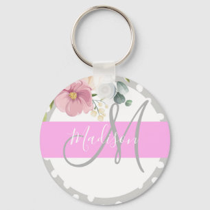Llavero Chic y femenino monograma nombre floral blanco ros