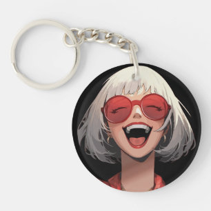 Llavero Chica Anime Alegre: Cabello Gris, Gafas Rojas, Rob