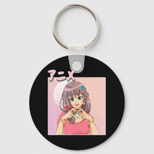 Llavero Chica anime japonés retro vaporwave estético rosad