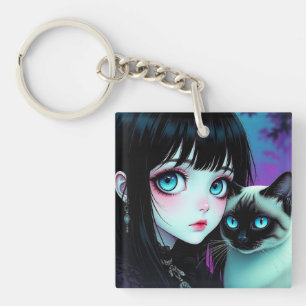 Llavero Chica Anime y Gato Siames Personalizado