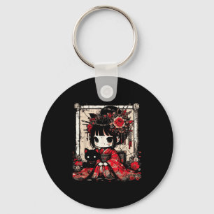 Llavero Chica Chibi Kimono Gato Negro Flores Arte Japonés