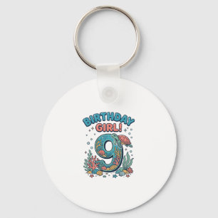 Llavero Chica Cumpleaños 9 Tortuga Oceánica Diseño Vectori