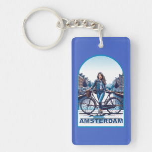 Llavero chica de Ámsterdam con bicicleta en el puente