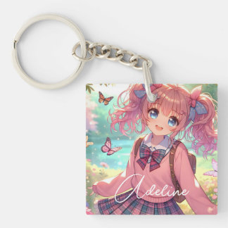 Llavero Chica de anime bonito en cócteles rosados