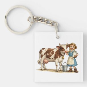 Llavero Chica de granja con vaca, lindo arte de campo lech