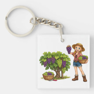 Llavero Chica de granja recogiendo uvas, arte de cosecha d