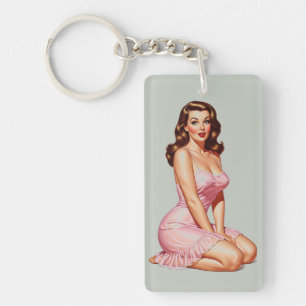 Llavero Chica de plumas de Brunette retro en rosa