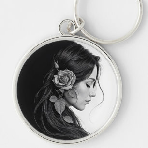 Llavero Chica elegante con flor en el cabello arte moderno
