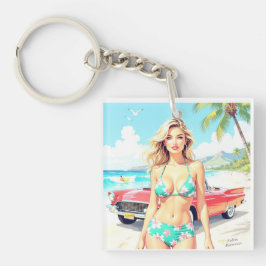 Llavero Chica en la playa con un coche clásico