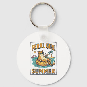 Llavero Chica Feral Verano Gato Flota Diseño de Camiseta V