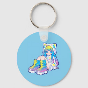 Llavero Chica Kawaii de Arcoíris con Orejas de Gato y Estr