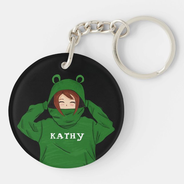 Llavero Chica lindo con dibujo de cartón de rana verde neg (Atrás)
