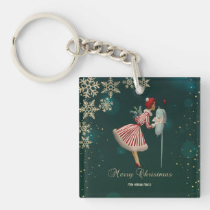 Llavero Chica Navideña Vintage, Copos de Nieve