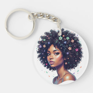 Llavero Chica Negra Caprichosa Con Afro Adornado Con Flore