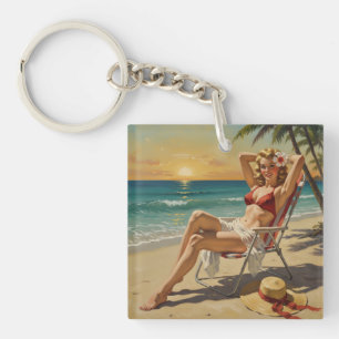 Llavero Chica On the Beach Retro arte de los años 50