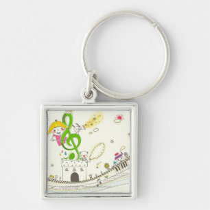 Llavero Chica que juega con las notas musicales sobre casa