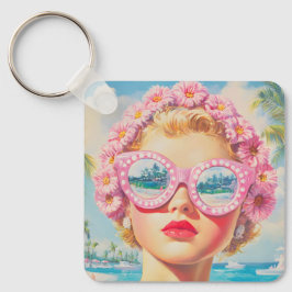 Llavero Chica Retro Beach con gafas de sol florales