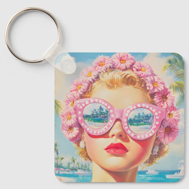 Llavero Chica Retro Beach con gafas de sol florales (Anverso)