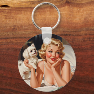 Llavero Chica retro con arte de picado de perro maltés de