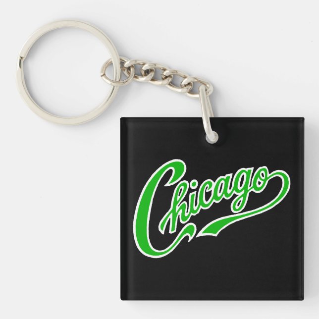 Llavero Chicago Text en Green Script BLK Keychain (Frente)