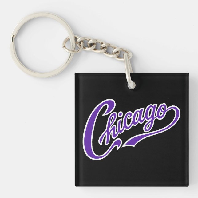 Llavero Chicago Text en Purple Script BLK Keychain (Frente)