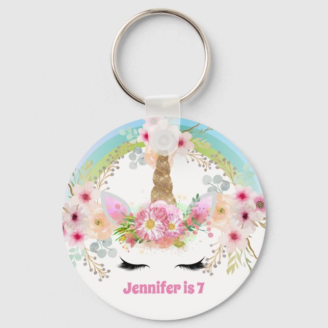 Llavero Chicas UNICORN Birthday Keychain Face Pink Flowers (Anverso)
