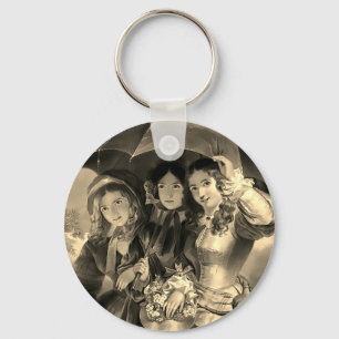 Llavero Chicas victorianos paraguas lluvioso día de sepia 