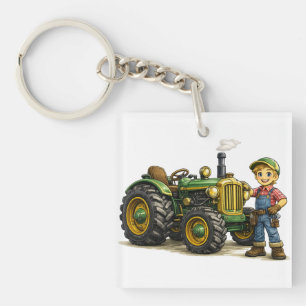 Llavero Chico Agricultor Adorable Con Arte De Tractor Verd