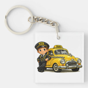 Llavero Chico Conductor de Taxi Retro con Camiseta de Coch