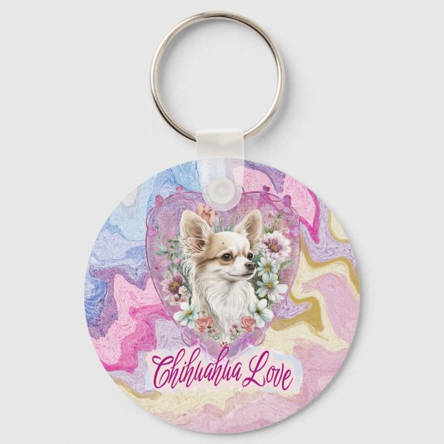 Llavero Chihuahua adorable con flores de tema rosa (Anverso)