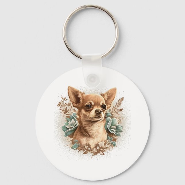 Llavero Chihuahua Cute Dog, hermosa Chica de flores (Anverso)