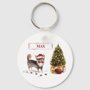 Llavero Chihuahua de pelo largo, divertido perro de Navida